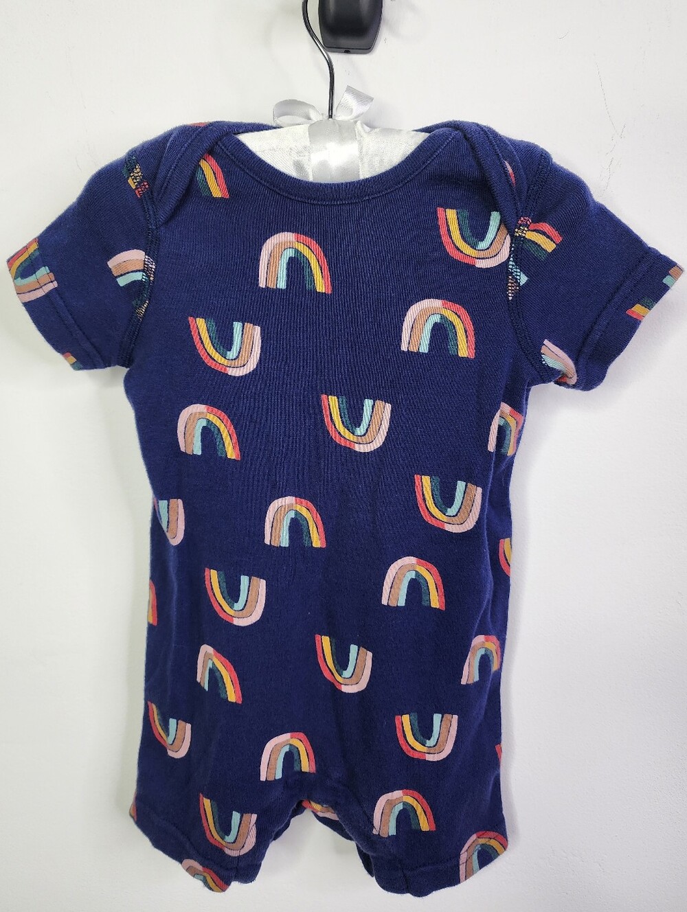 Retro Rainbows in Navy Baby Short Sleeve Romper, 6-12M